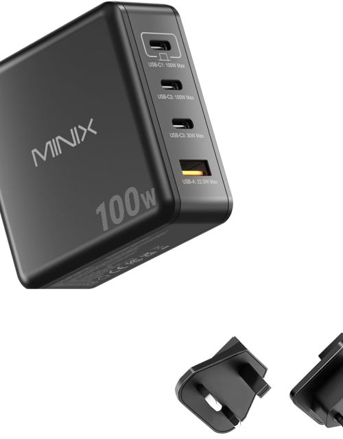 MINIX 100W USB C Charger, 4-Port Fast GaN Charger, Compact Foldable Wall Charger