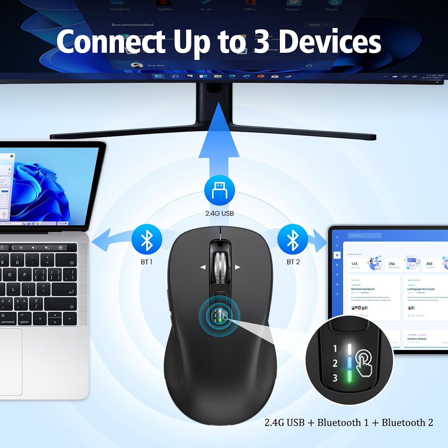 CITLLA Wireless Bluetooth Mouse (USB + BT1 + BT2), Full Size, 4-Way Scrolling, Multi-Device Silent Mouse for Computer, Laptop, iPad, MacBook (Black) - Image 2
